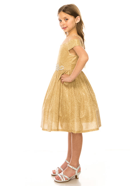 Girls Champagne Sparkling Off Shoulder Flower Girl Dress 4-16 - SophiasStyle.com model side